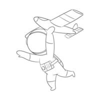 Astronaut running while playing toy airplane for coloring vector