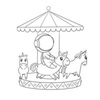 Astronaut playing the unicorn carousel for coloring vector