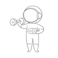 Astronaut doing hand exercises with a barbell for coloring vector