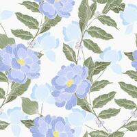 Hand Drawn Blue Rose and Berry Leaves Seamless Pattern vector