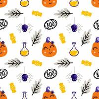 Seamless cute pattern for Halloween. Festive wallpaper with funny pumpkin. Vector illustration in doodles. Background for printing on fabric and wrapping paper.