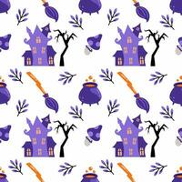 Seamless cute pattern for Halloween. Festive wallpaper with witch magic castle.  Background for printing on fabric and wrapping paper. vector