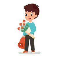 Cute boy with flowers and backpack. Illustration for first of September. Knowledge Day. vector