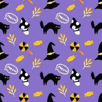 Purple seamless cute pattern for Halloween. Festive wallpaper with black cat and witch hat.  Background for printing on fabric and wrapping paper. vector