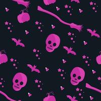 Nice pink seamless print with Halloween decorative elements - pumpkin, bat, scull, broomstick. Trendy color palette pattern. Nice cute graphic characters and decor objects vector