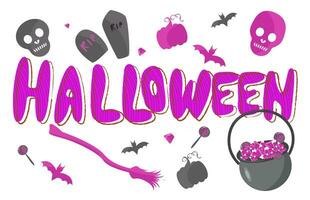 Vector halloween party invitation on white background.  background with pumpkin, bat, headstone, pot, tombstone and text Halloween for fabrics, paper, textile, gift wrap. Pink style