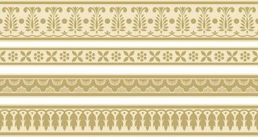 Vector set of seamless gold indian national ornament. Ethnic endless plant border. Flowers frame. Poppies and leaves