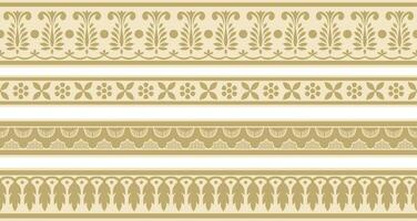 Vector set of seamless gold indian national ornament. Ethnic endless plant border. Flowers frame. Poppies and leaves