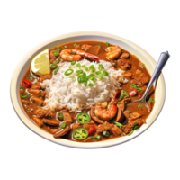 Delicious gumbo with prawns, sausage and rice, created with Generative AI png