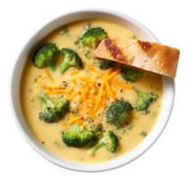 Cream of Broccoli and cheddar soup with bread vegetarian dish, created with Generative AI png
