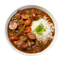 Delicious gumbo with prawns, sausage and rice, created with Generative AI png