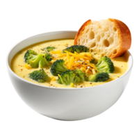 Cream of Broccoli and cheddar soup with bread vegetarian dish, created with Generative AI png