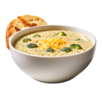 Cream of Broccoli and cheddar soup with bread vegetarian dish, created with Generative AI png