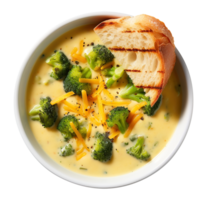 Cream of Broccoli and cheddar soup with bread vegetarian dish, created with Generative AI png