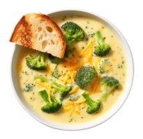 Cream of Broccoli and cheddar soup with bread vegetarian dish, created with Generative AI png