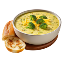 Cream of Broccoli and cheddar soup with bread vegetarian dish, created with Generative AI png