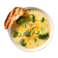 Cream of Broccoli and cheddar soup with bread vegetarian dish, created with Generative AI png