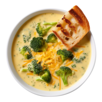 Cream of Broccoli and cheddar soup with bread vegetarian dish, created with Generative AI png