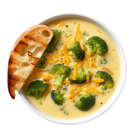 crème de brocoli et Cheddar soupe avec pain végétarien plat, établi avec génératif ai png