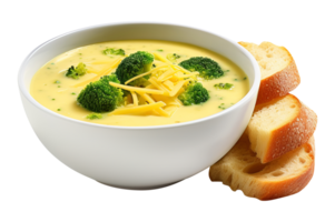 crema de brócoli y queso Cheddar sopa con un pan vegetariano plato, creado con generativo ai png