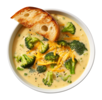 Cream of Broccoli and cheddar soup with bread vegetarian dish, created with Generative AI png