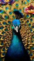 Beautiful peacock with feathers on a colorful background. Close-up. AI generative photo