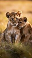 Lion cubs with mother in Masai Mara National Park. AI generative photo