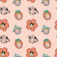 Seamless pattern with portraits of young people in funny hats. vector