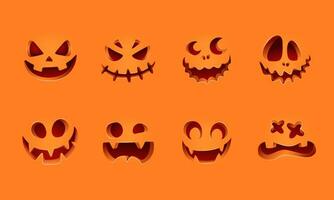 Isolated Halloween pumpkin carved faces silhouettes on orange. vector