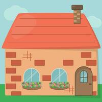 cute cozy house, cartoon, background for the game, one-story house, vector house, flowers on the street