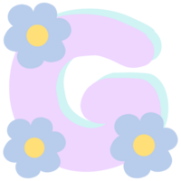 Purple english alphabet G decorated with blue and yellow flowers isolated on transparent background png