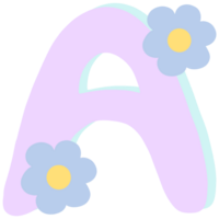 Purple english alphabet A decorated with blue and yellow flowers isolated on transparent background png