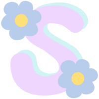 Purple english alphabet S decorated with blue and yellow flowers isolated on transparent background png