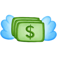 Green dollars money and symbol with wing isolated on transparent background png