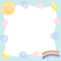 Pastel picture frame with rainbow sun moon and stars decorated with line doodle isolated on transparent background png