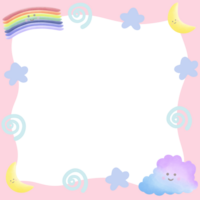 Pastel picture frame with clouds rainbow moon and stars decorated with line doodle isolated on transparent background png