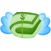 Green stack of dollars money and symbol with wing isolated on transparent background png