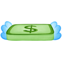 Green stack of dollars money and symbol with wing isolated on transparent background png