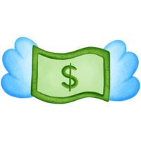 Green dollar money and symbol with wing isolated on transparent background png