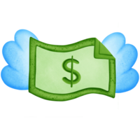 Green dollar money and symbol with wing isolated on transparent background png