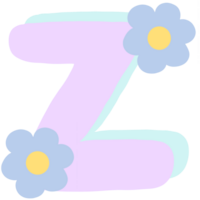 Purple english alphabet Z decorated with blue and yellow flowers isolated on transparent background png