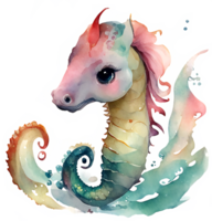 Cute Watercolor Seahorse AI Generative png