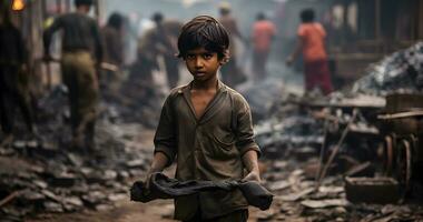 un menor de edad niño es trabajando en duro condición mundo día en contra niño labor ai generativo foto