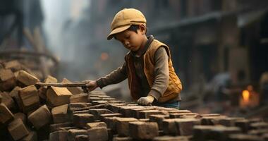 un menor de edad niño es trabajando en duro condición mundo día en contra niño labor ai generativo foto