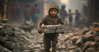 un menor de edad niño es trabajando en duro condición mundo día en contra niño labor ai generativo foto