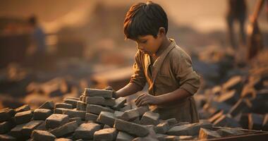 un menor de edad niño es trabajando en duro condición mundo día en contra niño labor ai generativo foto