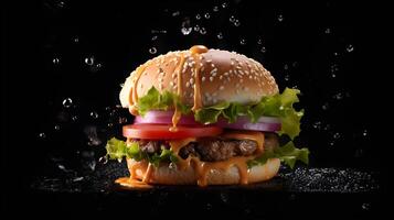 a hamburger with cheese, lettuce and tomato on a black background photo