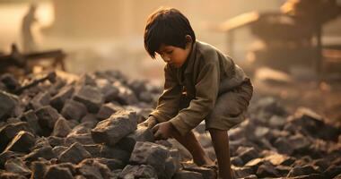 un menor de edad niño es trabajando en duro condición mundo día en contra niño labor ai generativo foto