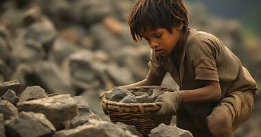 un menor de edad niño es trabajando en duro condición mundo día en contra niño labor ai generativo foto