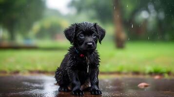 a black puppy is sitting in the rain photo